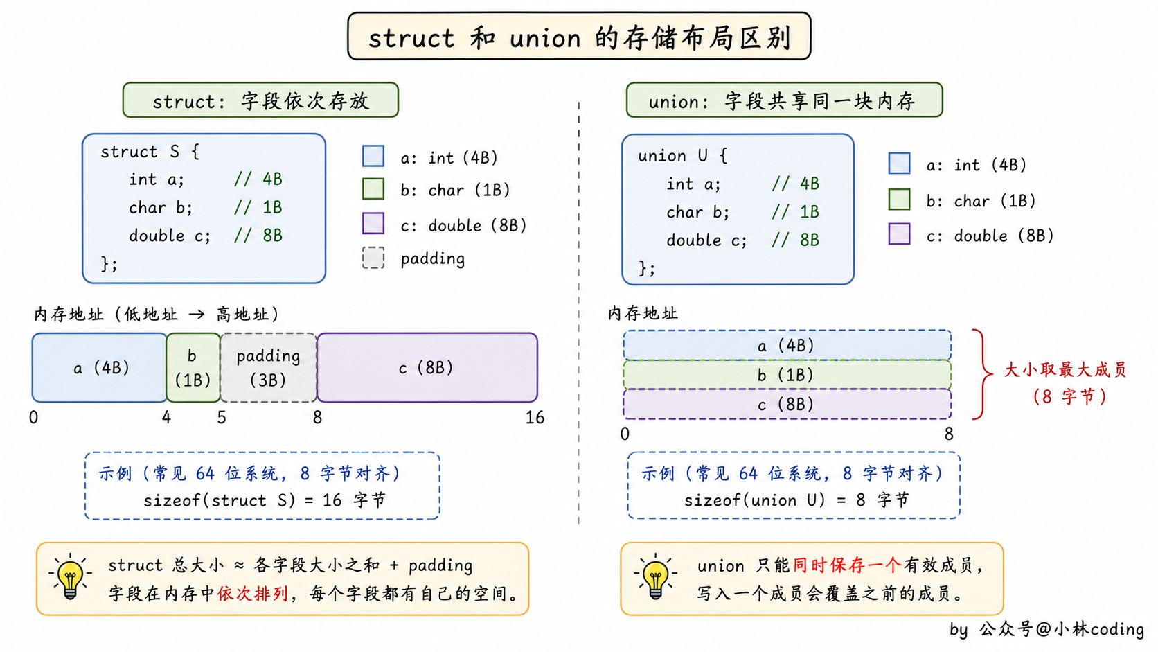 struct 和 union 存储布局对比图