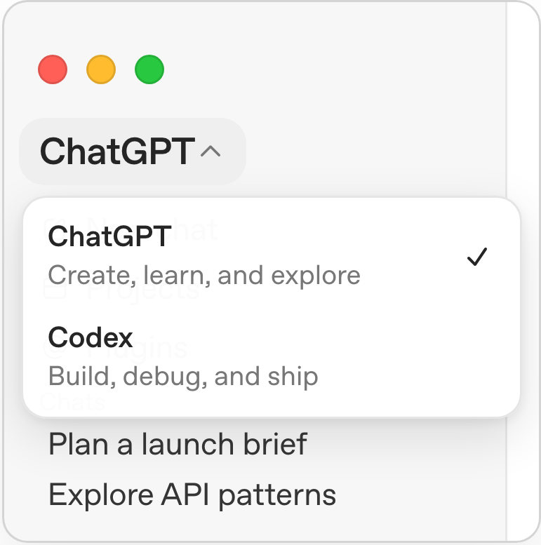 Codex桌面版入口:展开ChatGPT菜单并选择Codex